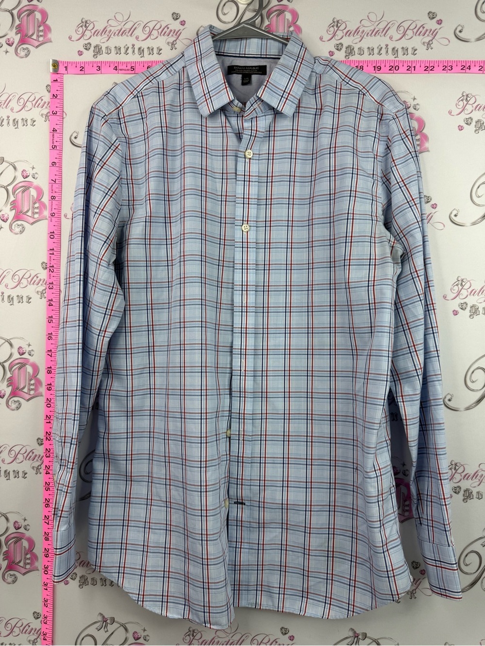 Banana Republic top Light Blue Plaid Button-Up Shirt with Red and Navy Lines